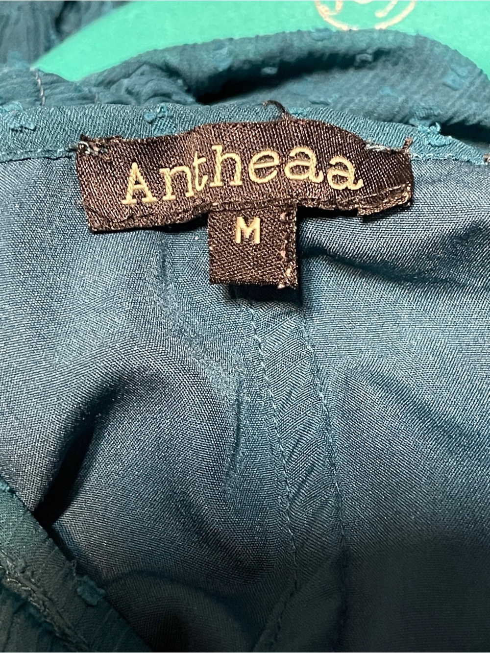Antheaa Teal Embroidered Swiss Dot Tiered Midi Dress Puff Sleeve Boho Medium - Picture 6 of 7